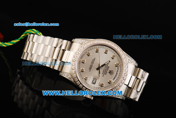 Rolex Oyster Perpetual Day Date Swiss ETA 2836 Automatic Movement Full Steel with White Dial and Diamond Markers/Bezel - Click Image to Close